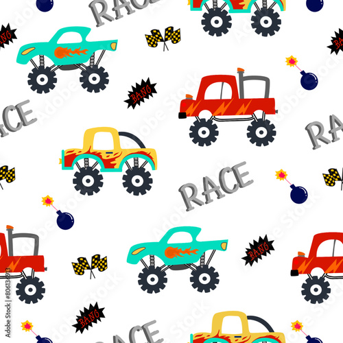 Monster truck  cartoon pattern design .monster truck pattern for kids clothing, printing, fabric ,cover. Monster car pattern.