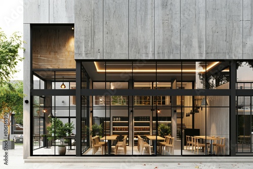 A modern cafe exterior featuring gray walls and industrial-style architecture, offering a trendy ambiance for urban dining experiences