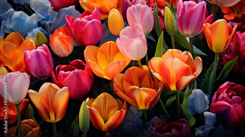 A colorful collection of tulips bloom in a vibrant field, creating a beautiful and lively scene #806136969