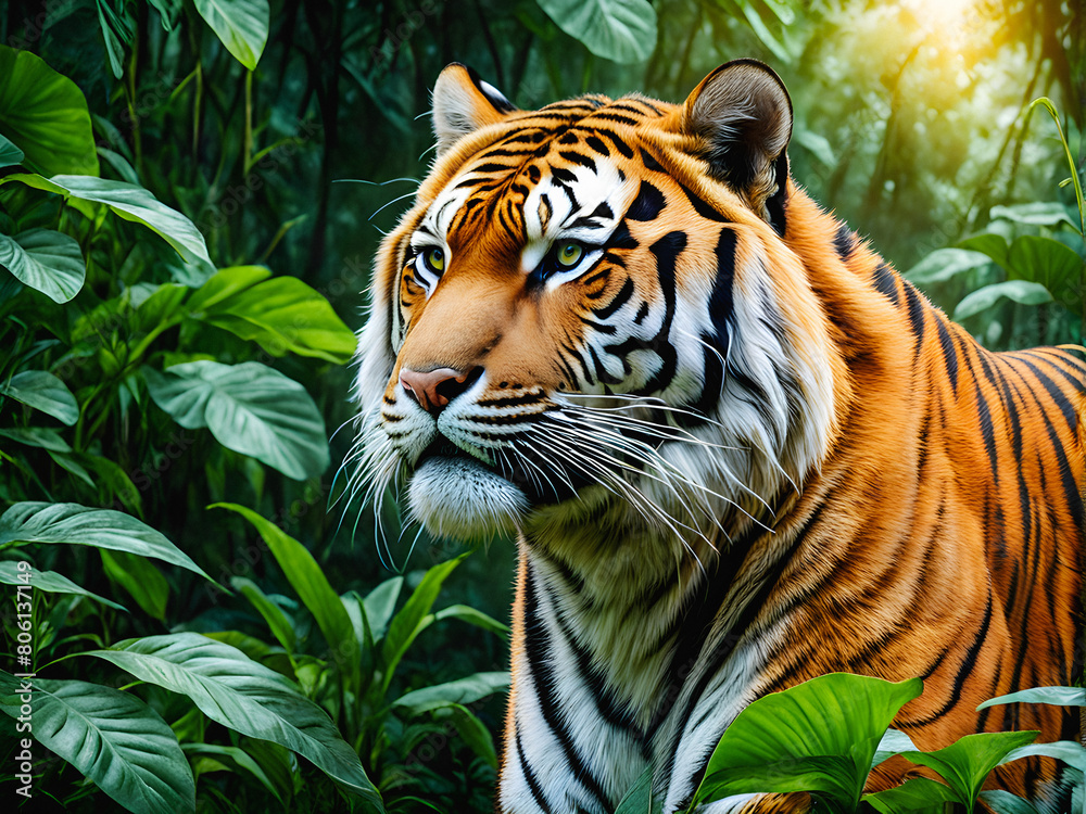 Fototapeta premium Jungle Majesty: A Powerful Orange Tiger Stalks Through Lush Greenery. A Mesmerizing Orange Tiger in its Natural Habitat. generative AI