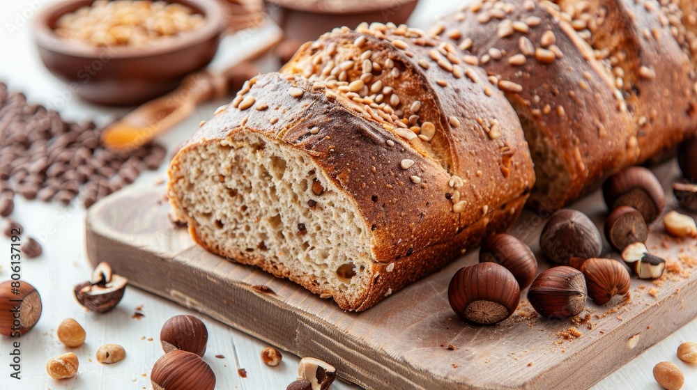 Indulge in this delicious display of bread slathered in chocolate paste, topped with hazelnuts