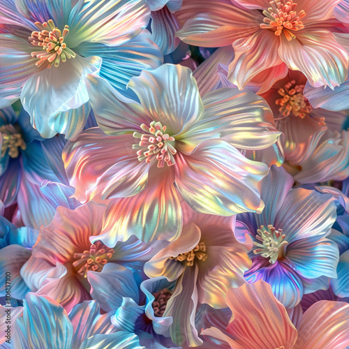 3d Iridescent Crystal Pastel Rainbow Flowers Photograph  Seamless Pattern