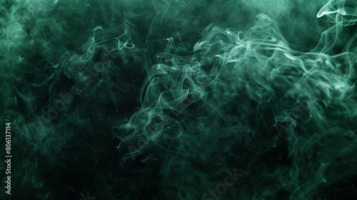 A mysterious and moody abstract of smoke in dark green and black, swirling intensely against a shadowy background, evoking a sense of mystery and intrigue.
