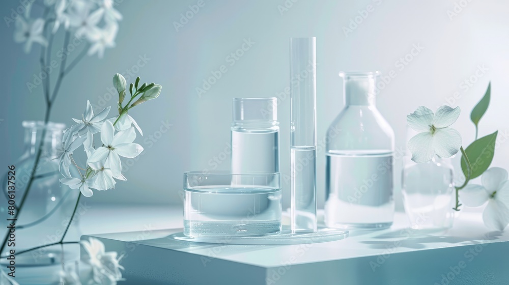 Highlight scientific precision with this image of an empty glass podium and geometric platform Highlight scientific precision with this image of an empty glass podium and geometric platform