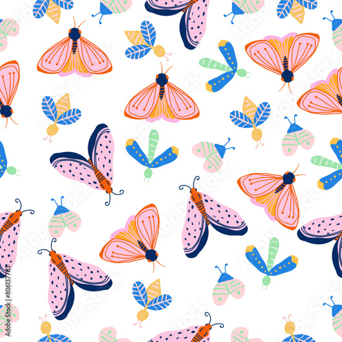 summer concept design.background design for fabric, clothing, cover book, kids.bugs pattern.colourful butterfly  and insects .pink butterfly.