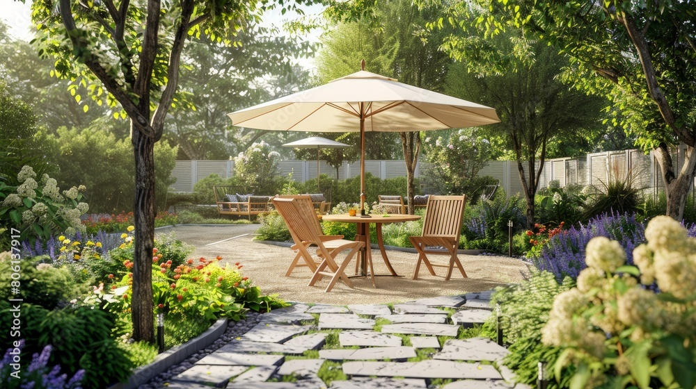 Enjoy a serene summer day in a beautifully maintained garden featuring a cozy patio, wooden furniture Enjoy a serene summer day in a beautifully maintained garden featuring a cozy patio, wooden furniture