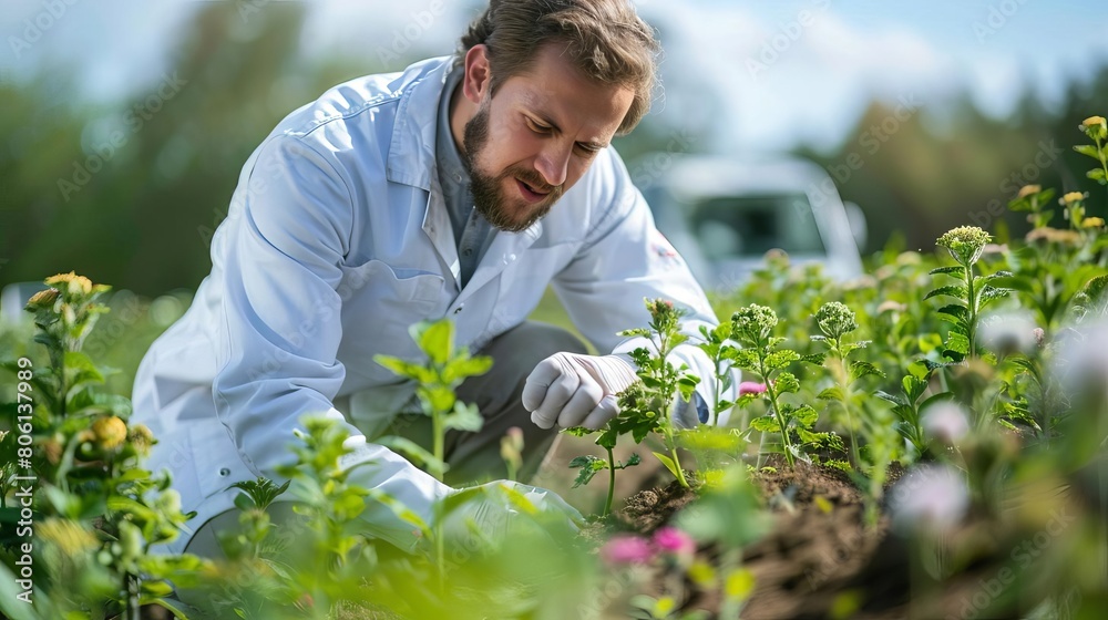Agricultural scientist testing soil samples in a mobile lab Agricultural scientist testing soil samples in a mobile lab