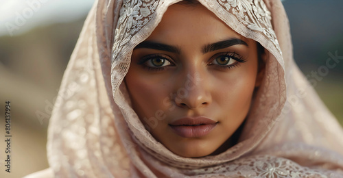 Portrait of young beautiful Muslim woman with green eyes