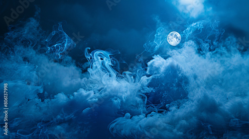 A surreal scene of smoke in midnight blue and ghostly white, creating a hauntingly beautiful moonscape.