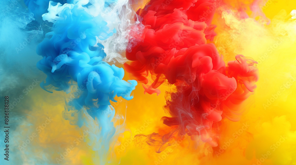 A symphony of smoke in bright, primary colors--red, yellow, and blue--creating a bold, modern art piece.