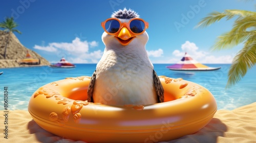 Charming 3D illustration of a cute penguin wearing a colorful swimsuit  standing on a sunny beach with a small inflatable ring around its waist