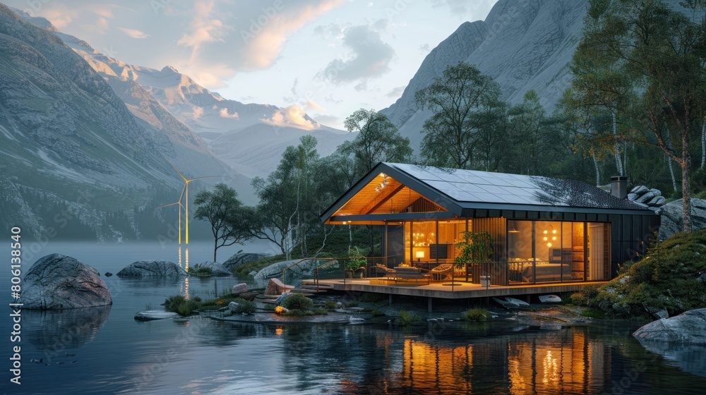 Fototapeta premium the harmony of nature and technology with a sustainable off-grid lifestation featuring solar panels and wind turbines in a remote setting