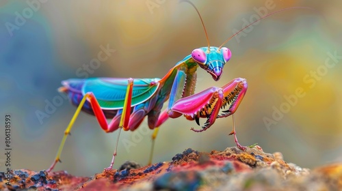 A mantis nymph displaying its vibrant coloration and striking pose, warning potential predators of its unpalatability with bold warning colors. photo