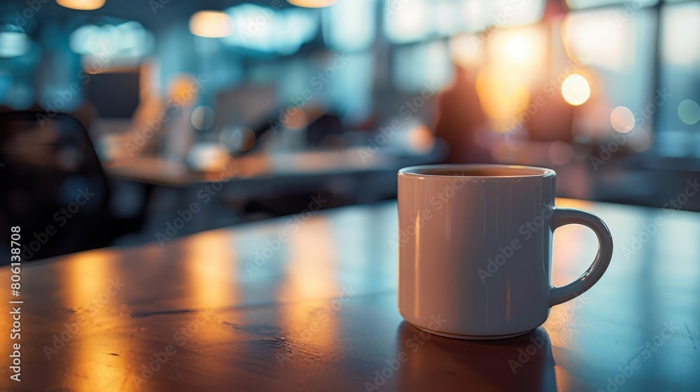 Close up of a coffee cup on a desk, office activity blurred behind Close up of a coffee cup on a desk, office activity blurred behind