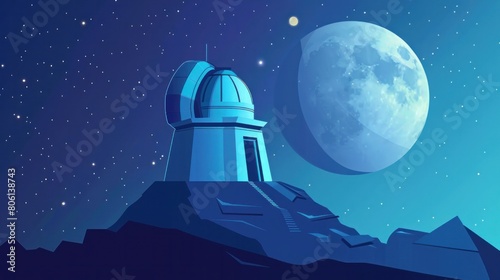 A flat style vector illustration of an observatory at night with the moon, suitable for topics on space and scientific exploration photo