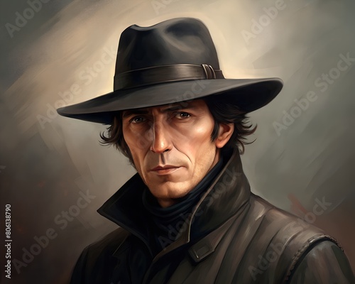 illustration painting of investigation man wearing wide brimmed hat and dark coat © Tulsi