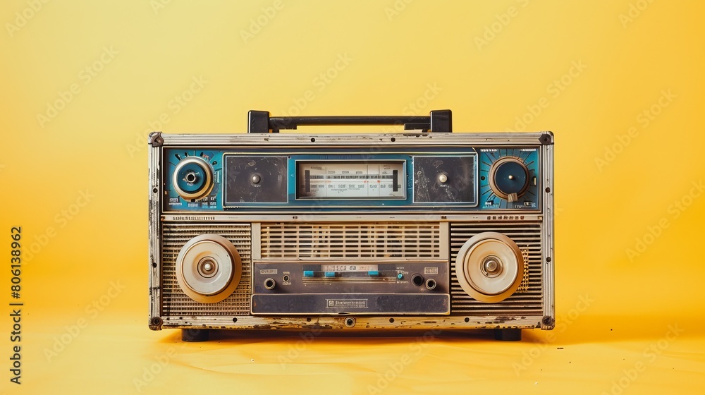 A classic retro portable stereo boombox radio cassette recorder from the 80s set against a bright yellow background A classic retro portable stereo boombox radio cassette recorder from the 80s set against a bright yellow background