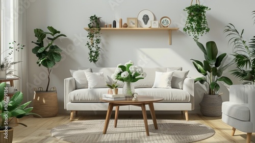 A stylish Scandinavian living room featuring a design grey sofa  wooden coffee table  and lush plants