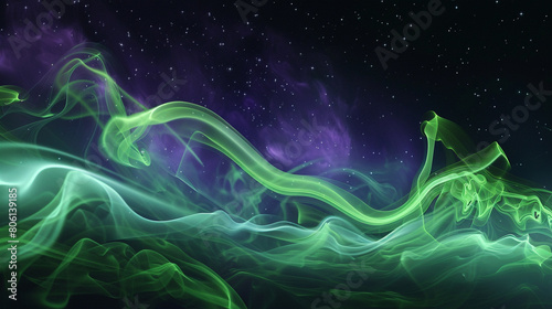 An abstract portrayal of smoke mimicking the Aurora Borealis, with vibrant greens and purples dancing across a starry night sky.