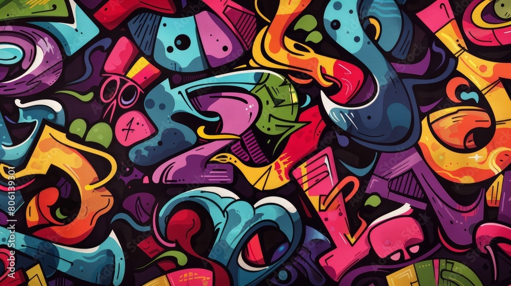 A vibrant and colorful seamless background featuring an array of graffiti on a dark backdrop A vibrant and colorful seamless background featuring an array of graffiti on a dark backdrop