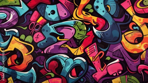 A vibrant and colorful seamless background featuring an array of graffiti on a dark backdrop