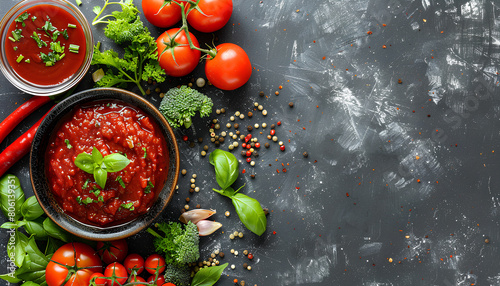 Bowl with tasty tomato paste and fresh vegetables on grunge background