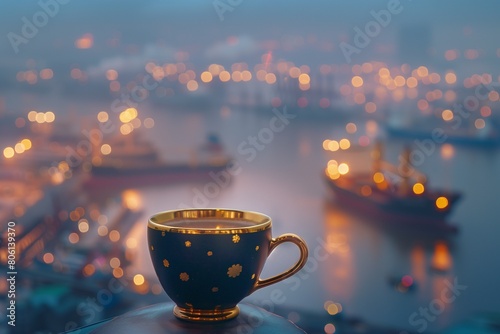A sophisticated, gold-rimmed coffee cup, set against the panoramic view of the sea from a high vantage point.