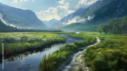 an earth road to remote village through the rushy water meadow.