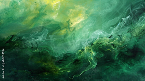 An abstract smoke mural in shades of green and yellow, painted across the sky in an homage to the northern lights. photo