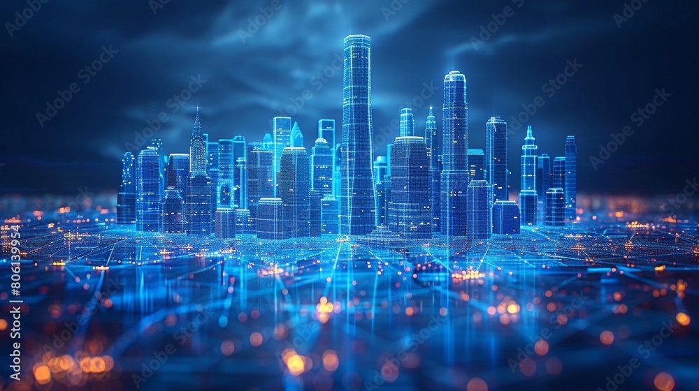 Smart or digital city concept, futuristic wireframe cityscape.