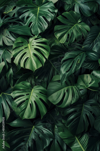 Top view of Monstera leaves or tropical philodendron leaves.Creative tropical green leaves layout.Flat lay.