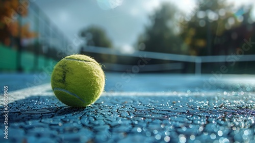 Green tennis ball on blue wet court surface with blurred background.