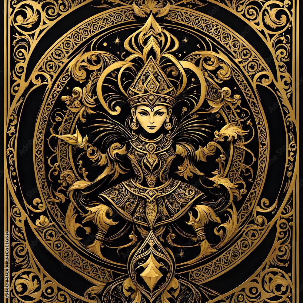 The Fool, Detailed Tribal 3D design drawn in gold ink on a black tarot card, jester, females.