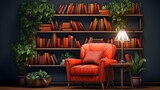 A red chair sits in front of a bookshelf overflowing with books