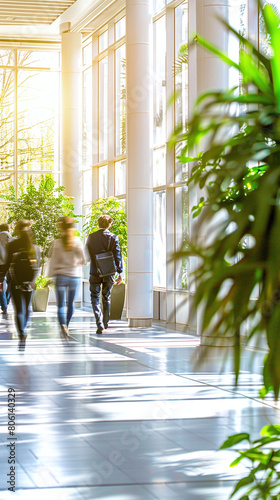 Bright workplace with people walking in motion, in a modern office space