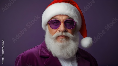  Portrait in Sunglasses on Vibrant Purple Background - Festive Studio Shot with Winter Vibes for Invitations, Social Media, Greeting Cards, and Promotional Materials