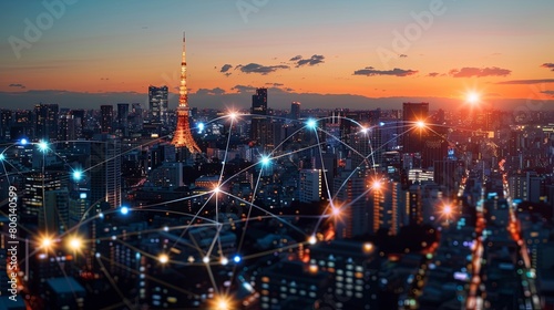 Smart city and network connection concept, all people icons with light effect on modern urban background
