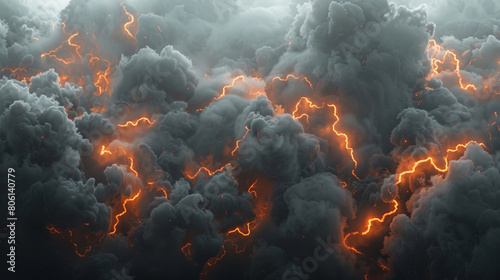 Clouds of smoke in a stormy grey, illuminated with a subtle neon orange texture to mimic the flash of lightning. photo