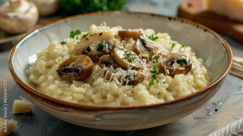 A delightful bowl of creamy risotto with mushrooms and Parmesan cheese A delightful bowl of creamy risotto with mushrooms and Parmesan cheese