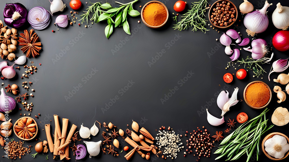frame with herbs, spices and vegetables 