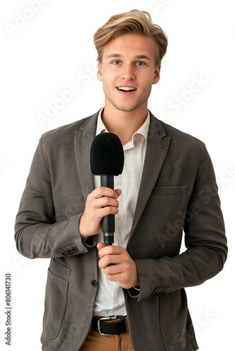 young journalist man hold microphone isolated on transparent background photo