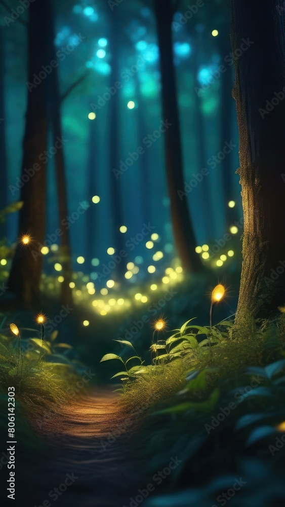 Vertical shot, Fantasy forest fairytale with fireflies. Fairy tale woods with motion fog and flying glow fireflies. The path leading through fairytale forest