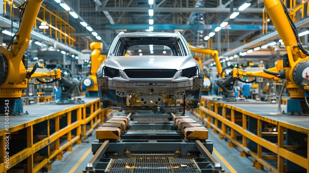car is being built on an industrial robot production line in the car factory