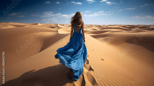 Woman in blue dress walking on sand, desert