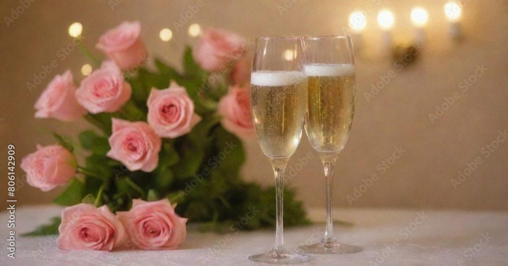 Valentines dating table setting red roses and champagne glasses on concrete background. Valentine 's greeting card Valentines dating table setting red roses and champagne glasses on concrete background. Valentine 's greeting card