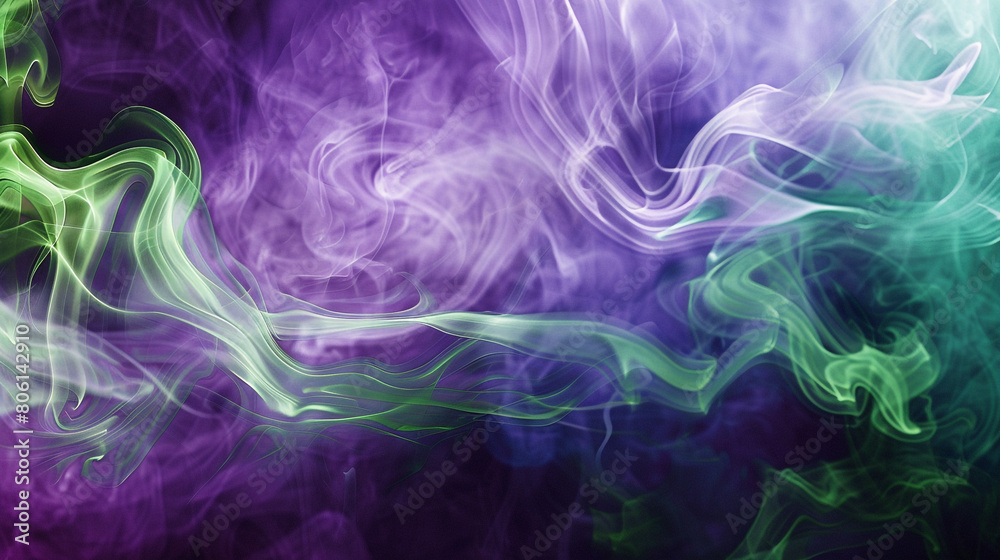 Smoke in a rhythmic pattern of purples and greens, mimicking the dynamic flow of a jazz melody visualized as color. Smoke in a rhythmic pattern of purples and greens, mimicking the dynamic flow of a jazz melody visualized as color.