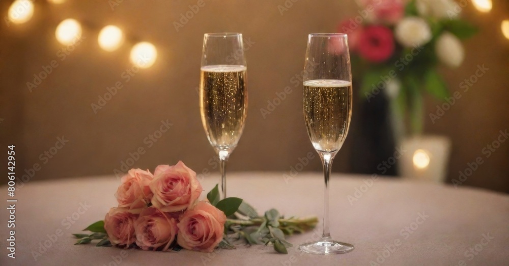 Valentines dating table setting red roses and champagne glasses on concrete background. Valentine 's greeting card Valentines dating table setting red roses and champagne glasses on concrete background. Valentine 's greeting card