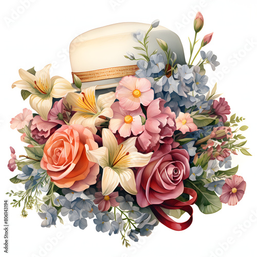 A classic clip art of a beautiful Flower Hat boxe  freshy colourful  overflowing with assorted blooms and greenery  beautiful wedding style  single objects  isolated on white background.