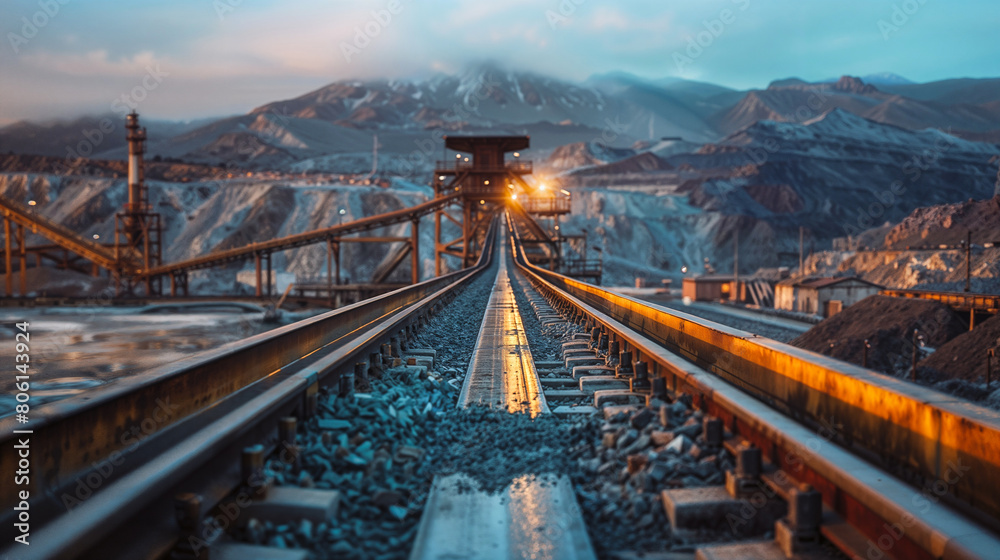 Naklejka premium Evening light bathes a mining facility and conveyors with a mountain backdrop