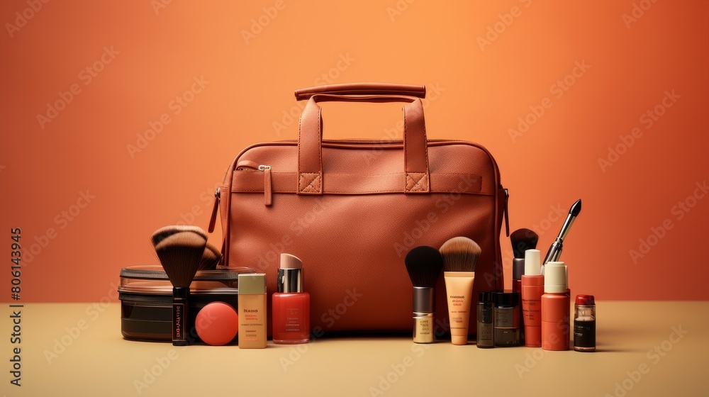 A brown bag filled with beauty products rests on a table next to assorted cosmetics